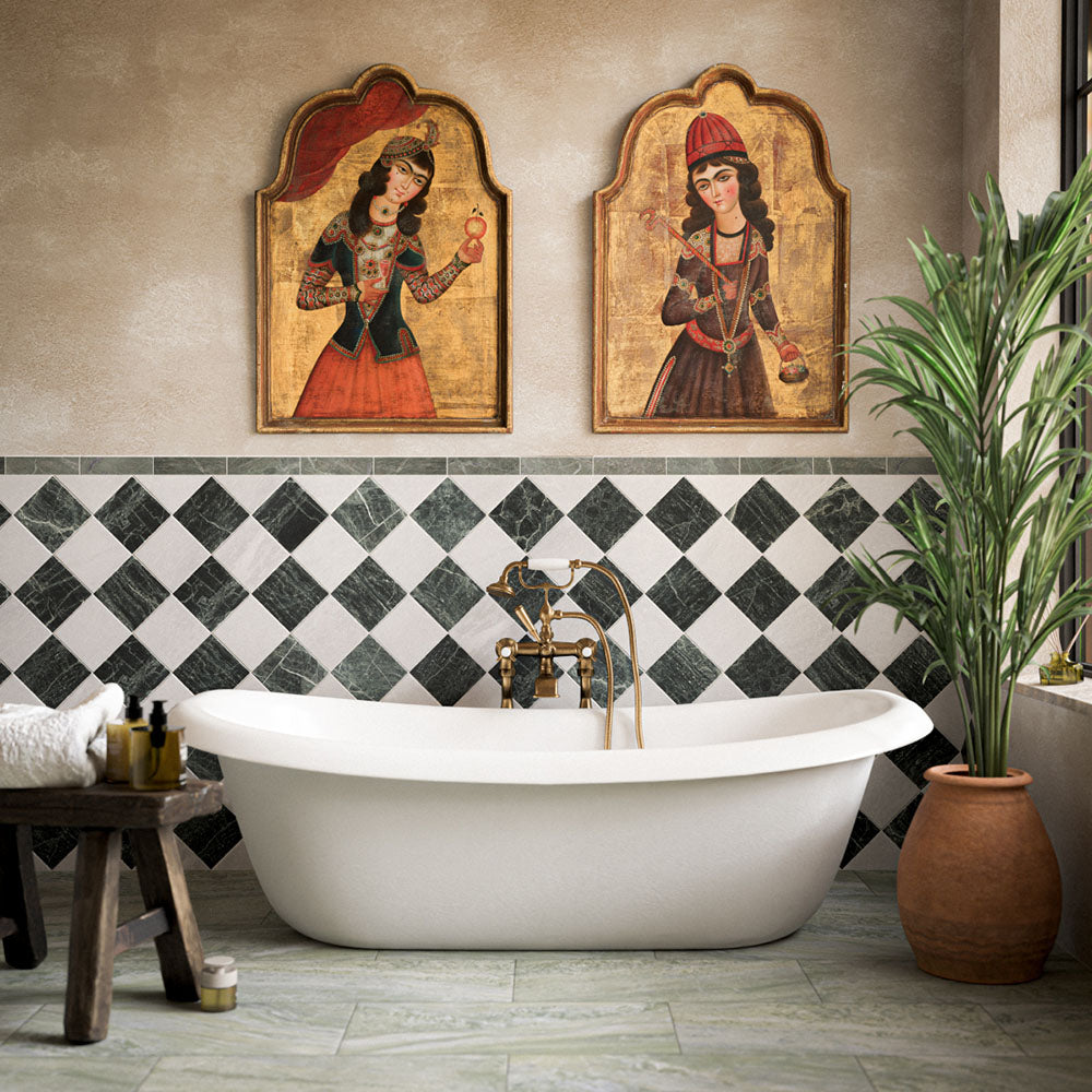 Bathroom featuring Fayrouz Verde honed natural marble brick tiles in a rich green finish, paired with Fayrouz White tumbled natural marble in a classic diamond pattern around a freestanding bath, complemented by brass fixtures and warm Mediterranean-inspired décor.