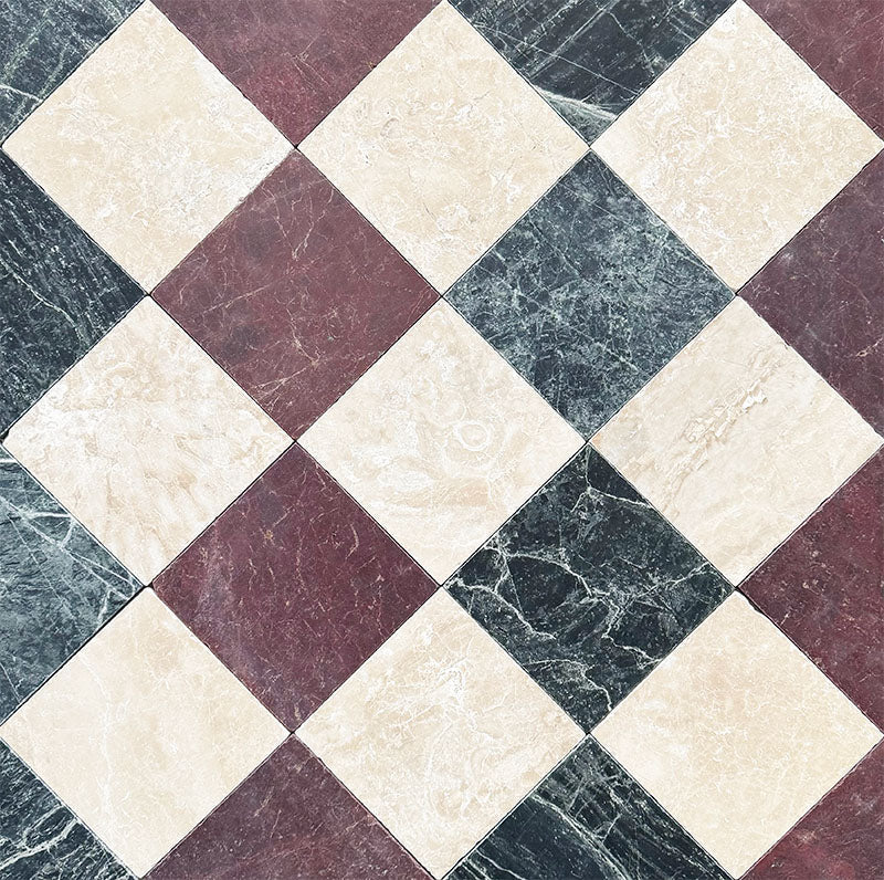 Diamond pattern featuring Fayrouz Verde Tumbled Finish Natural Marble 15.2cm x 15.2cm tiles paired with Latte Foam and Burgundy Red natural marble, creating a timeless three-colour marble floor with rich green tones and classic elegance.