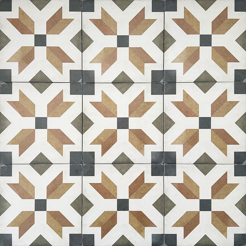 Viscount High Street 20×20cm Victorian-style porcelain wall and floor tiles laid in a repeating star-inspired geometric pattern in olive green, mustard, warm brown and charcoal tones, shown as a full tile layout highlighting the classic Victorian design.