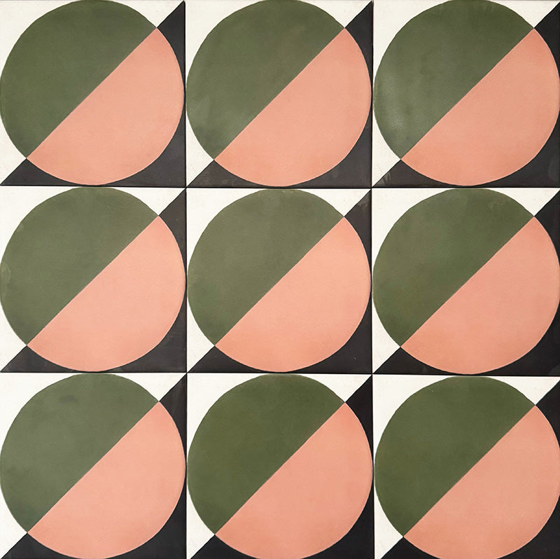 Abstract Moon Patterned Tiles in a 20x20cm format, displayed in a repeated grid layout to showcase the bold geometric circular design. The pattern combines muted green and soft blush tones with black corner accents, creating a striking yet balanced look ideal for feature walls, floors or decorative splashbacks.