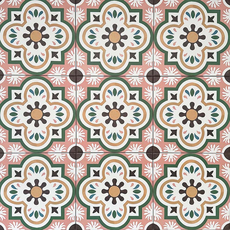 Cuba Paradise Moroccan-style porcelain tiles in a 20×20cm square format, arranged in a repeating floral pattern with coral pink backgrounds, green detailing and white and brown accents, showcasing the tile’s bold symmetry and decorative encaustic-style design.