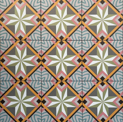 Cuba Star Mini Moroccan-style porcelain tiles in a 15×15cm square format, arranged in a repeating geometric star pattern with soft green, blue, pink and mustard tones, highlighting the tile’s crisp symmetry, fine detailing and decorative encaustic-style design.