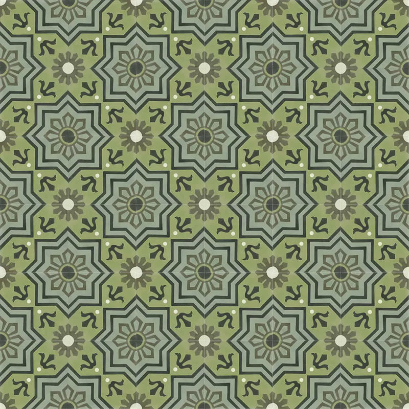 Patterned layout of Balthazar Verde 20×20cm Moroccan-style porcelain tiles, showing the full repeating encaustic-inspired geometric design in layered green tones with dark accents, ideal for creating bold feature floors or statement walls.