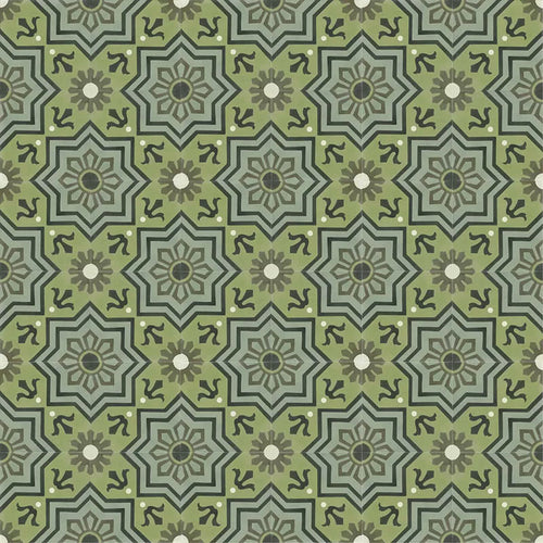 Patterned layout of Balthazar Verde 20×20cm Moroccan-style porcelain tiles, showing the full repeating encaustic-inspired geometric design in layered green tones with dark accents, ideal for creating bold feature floors or statement walls.