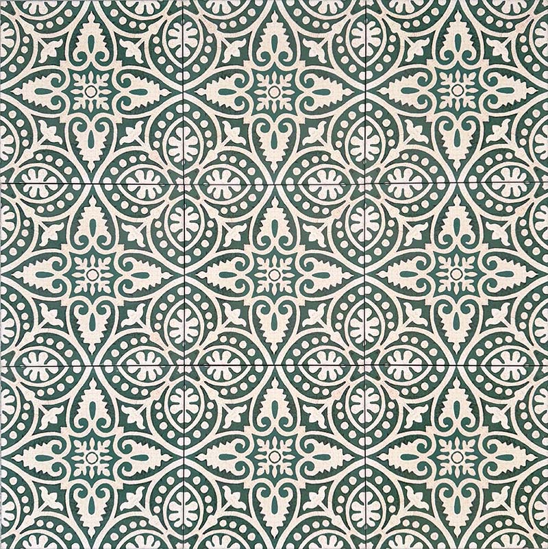 Cuba Fleur de Lis Moroccan-style porcelain tiles in a 20×20cm square format, arranged in a repeating decorative pattern featuring soft green and white detailing, and classic encaustic-style design.