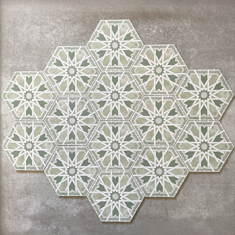 Grouped layout of Medina Hormuz Verde Green Moroccan-style hexagon porcelain tiles, 18.7 × 21.6 cm, displaying the full repeating geometric pattern in soft blue and white tones on a neutral background.