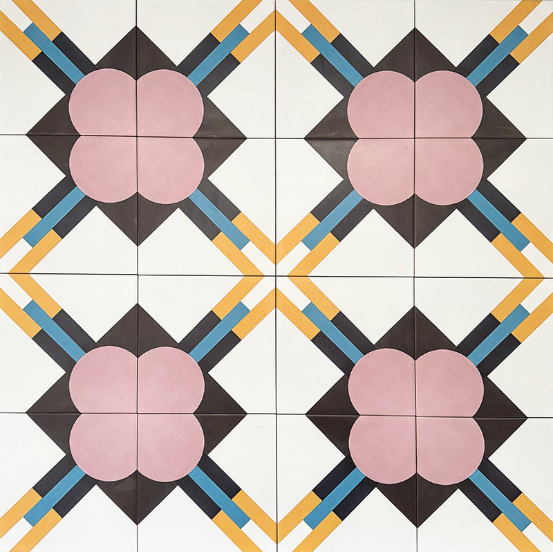 Abstract Contori Patterned Tiles in a 20x20cm format, displayed in a repeated grid layout to showcase the intricate geometric design. Soft blush pink floral motifs are framed by intersecting lines in mustard yellow, teal and charcoal on a crisp white background, creating an elegant, decorative pattern ideal for feature walls, floors or statement splashbacks.