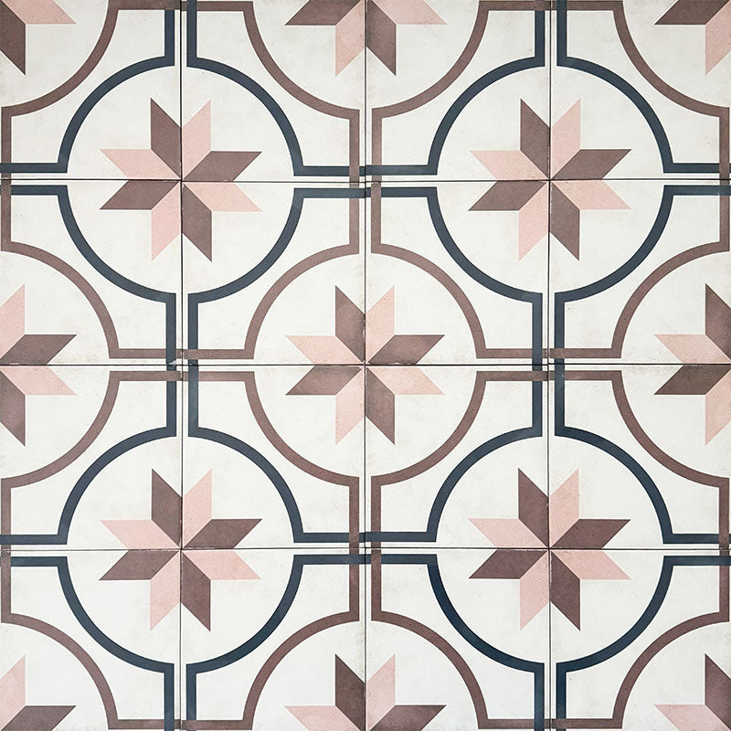 Viscount Rose 20×20cm Victorian-style porcelain wall and floor tiles laid in a repeating star and circular geometric pattern in soft rose, warm brown and deep navy, shown as a full tile layout highlighting the classic Victorian-inspired design.