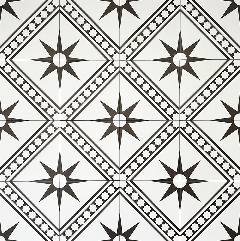 Gilgamesh Blanco Vintage White Moroccan style 20x20cm patterned tiles, shown as a flat lay to highlight the repeating black and white geometric star pattern.