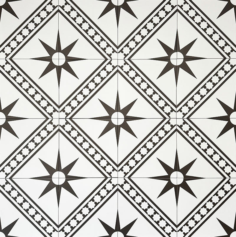 Gilgamesh Blanco Vintage White Moroccan style 20x20cm patterned tiles, shown as a flat lay to highlight the repeating black and white geometric star pattern.