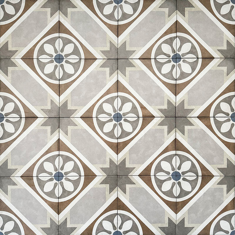 Viscount Heythrop 20×20cm Victorian-style porcelain wall and floor tiles laid in a repeating geometric floral pattern with circular motifs in soft grey, warm beige, taupe and muted blue tones, shown as a full tile layout highlighting the classic Victorian-inspired design.