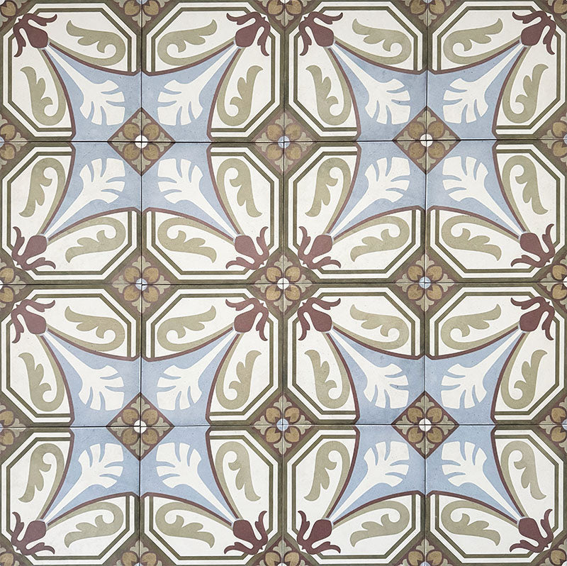 Viscount Langholme Place 20×20cm Victorian-style porcelain wall and floor tiles laid in a repeating ornate floral and geometric pattern with octagonal motifs in soft blue, sage green, warm red and cream tones, shown as a full tile layout highlighting the classic Victorian-inspired design.