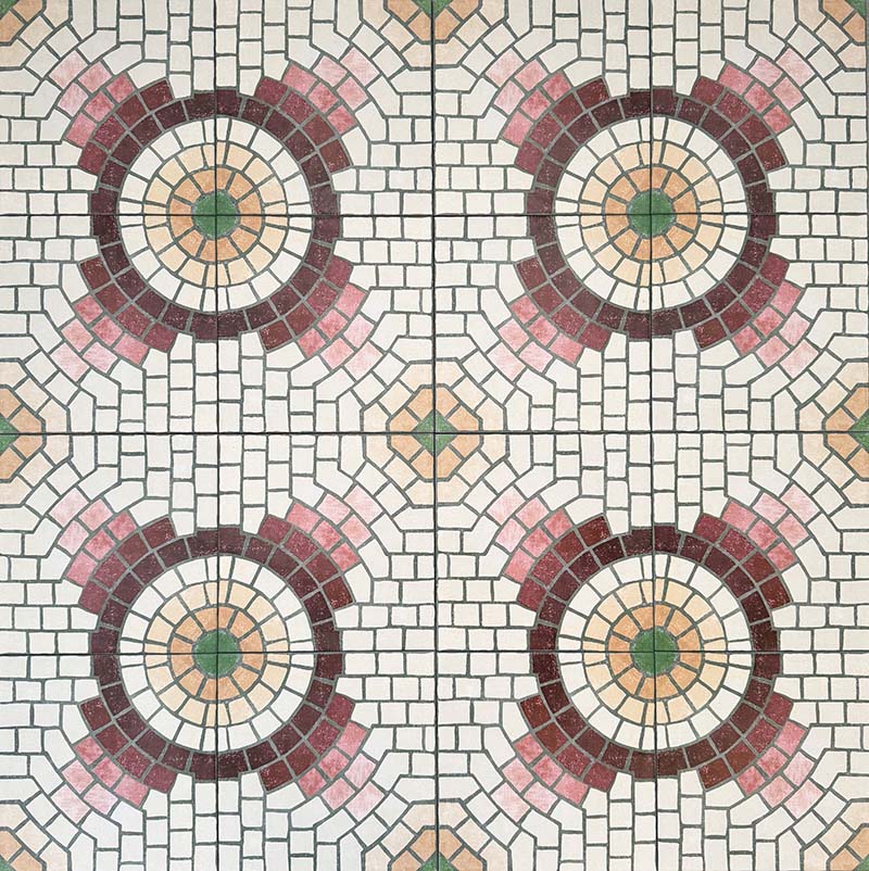 Cuba La Calle Moroccan-style porcelain tiles in a 20×20cm square format, arranged in a full repeating layout to showcase the circular mosaic-style pattern in soft white, terracotta, burgundy and green tones, highlighting the tile’s intricate detailing and classic encaustic-style design.