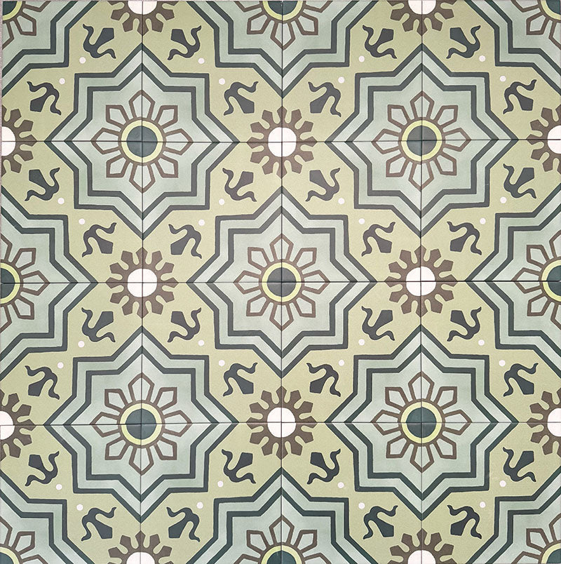 Patterned layout of Balthazar Verde 20×20cm Moroccan-style porcelain tiles, showing the full repeating encaustic-inspired geometric design in layered green tones with dark accents, ideal for creating bold feature floors or statement walls.