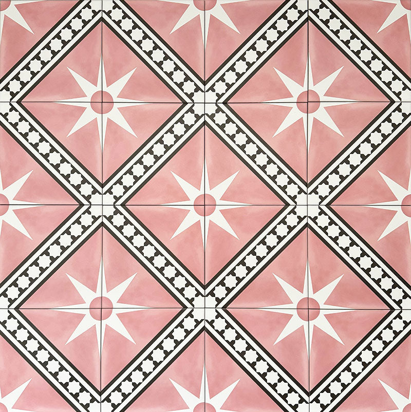 Gilgamesh Pink Moroccan style 20x20cm patterned tiles, shown as a flat lay to highlight the repeating pink, black and white geometric star pattern.
