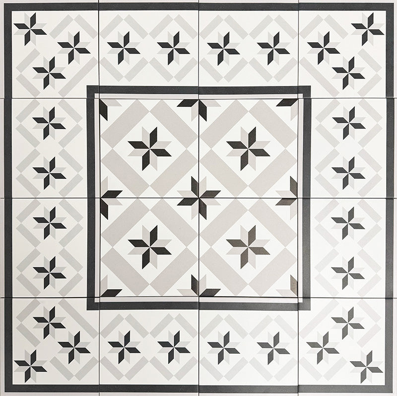 Pattern layout featuring Canterbury Star Victorian-style porcelain tiles in a 20 × 20cm format, arranged with coordinating border and corner tiles to create a framed geometric design with repeating star motifs, ideal for traditional hallway and entrance floor layouts.