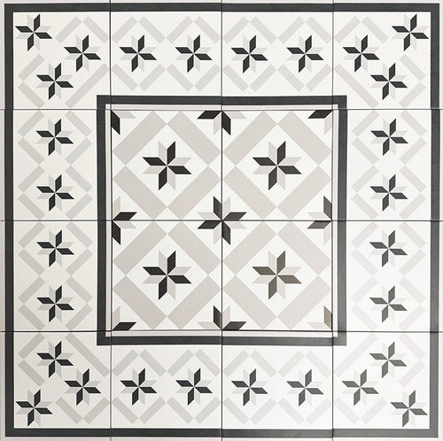 Pattern layout featuring Canterbury Star Victorian-style porcelain tiles in a 20 × 20cm format, arranged with coordinating border and corner tiles to create a framed geometric design with repeating star motifs, ideal for traditional hallway and entrance floor layouts.