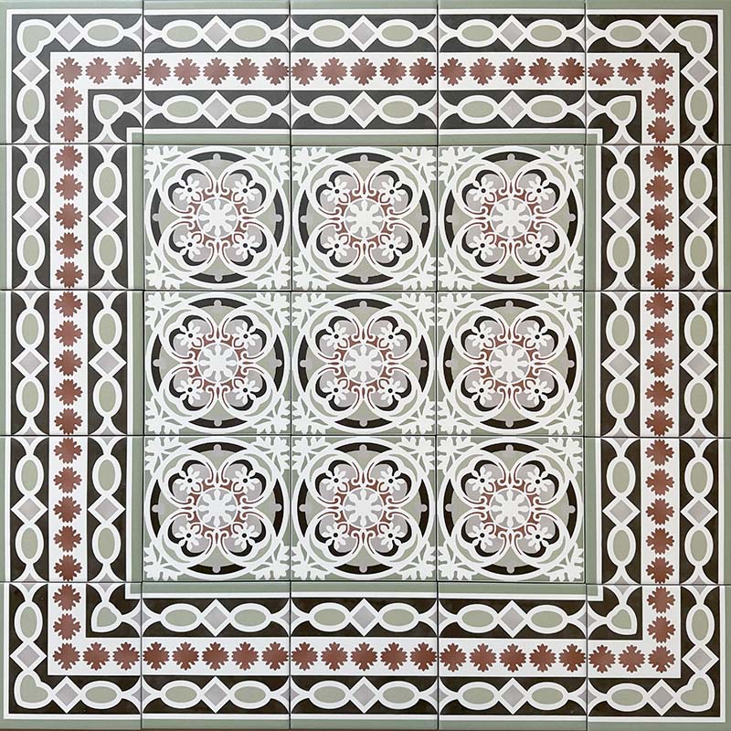 Decorative floor layout featuring Imperial Victorian Green Mini Corner Tiles, 15x15cm porcelain tiles arranged with matching centre and border tiles to create a detailed Victorian-inspired patterned floor design.