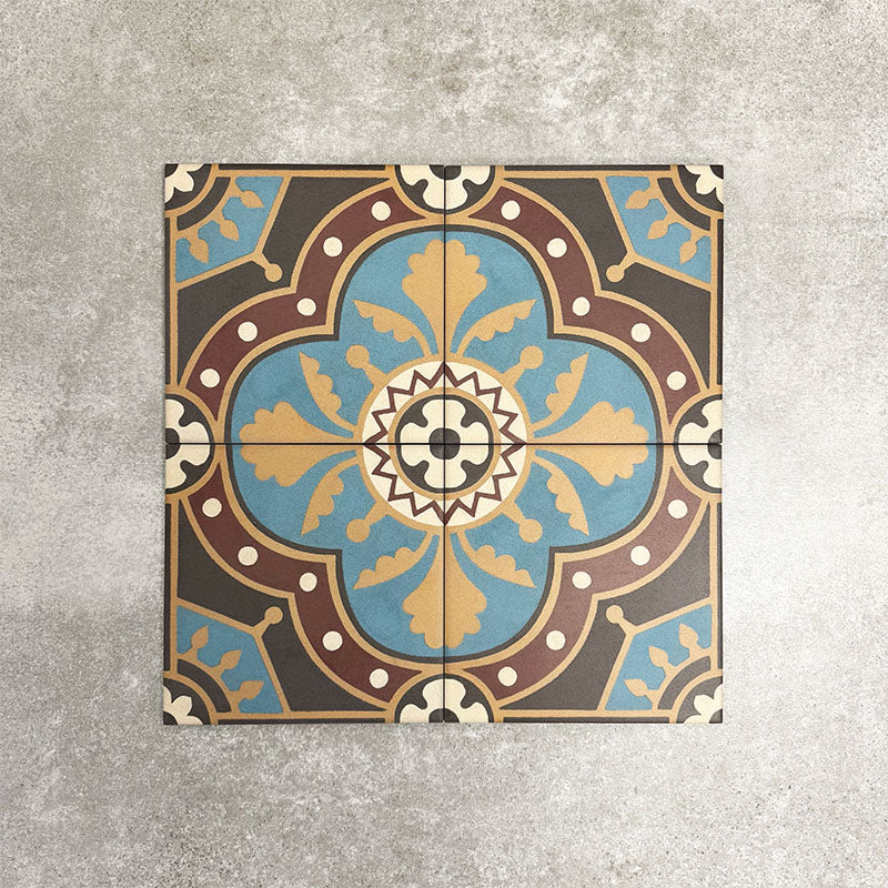 Four London Streets Hanover Square 20x20cm Victorian Moroccan style porcelain tiles arranged together to showcase the repeating blue, terracotta and cream geometric pattern inspired by traditional Victorian style decorative floor tiles.
