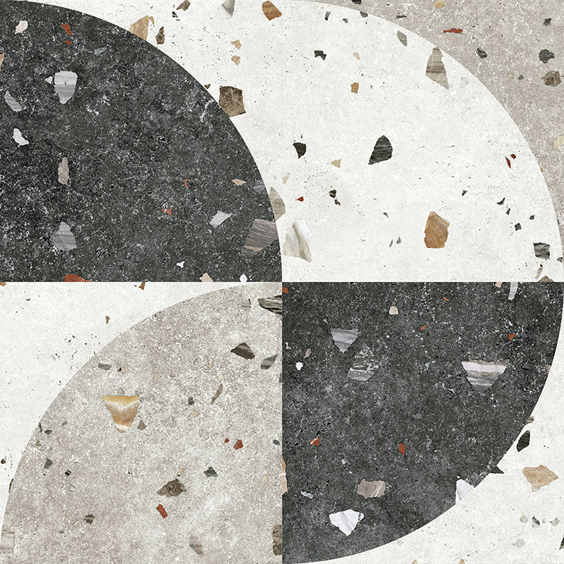 Flat lay of Jericho Decor Terrazzo 66 × 66cm porcelain wall and floor tile, featuring a terrazzo base with multicoloured aggregate chips combined with bold geometric quarter-circle patterning in contrasting light and dark tones, creating a striking, contemporary statement design.