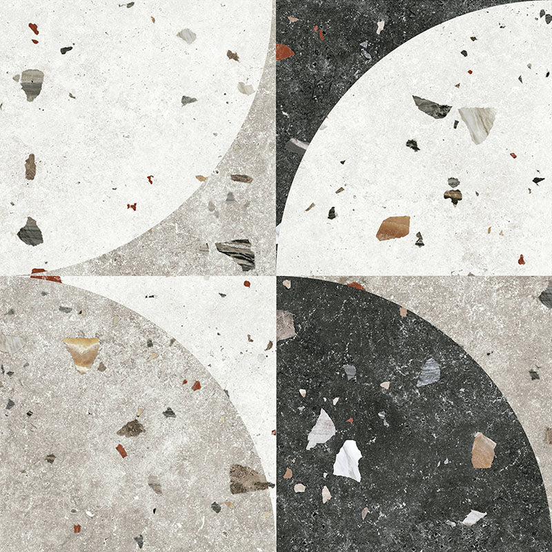 Flat lay of Jericho Decor Terrazzo 66 × 66cm porcelain wall and floor tile, featuring a terrazzo base with multicoloured aggregate chips combined with bold geometric quarter-circle patterning in contrasting light and dark tones, creating a striking, contemporary statement design.