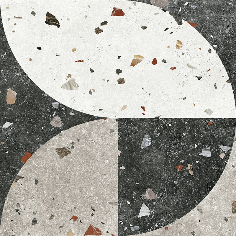 Flat lay of Jericho Decor Terrazzo 66 × 66cm porcelain wall and floor tile, featuring a terrazzo base with multicoloured aggregate chips combined with bold geometric quarter-circle patterning in contrasting light and dark tones, creating a striking, contemporary statement design.