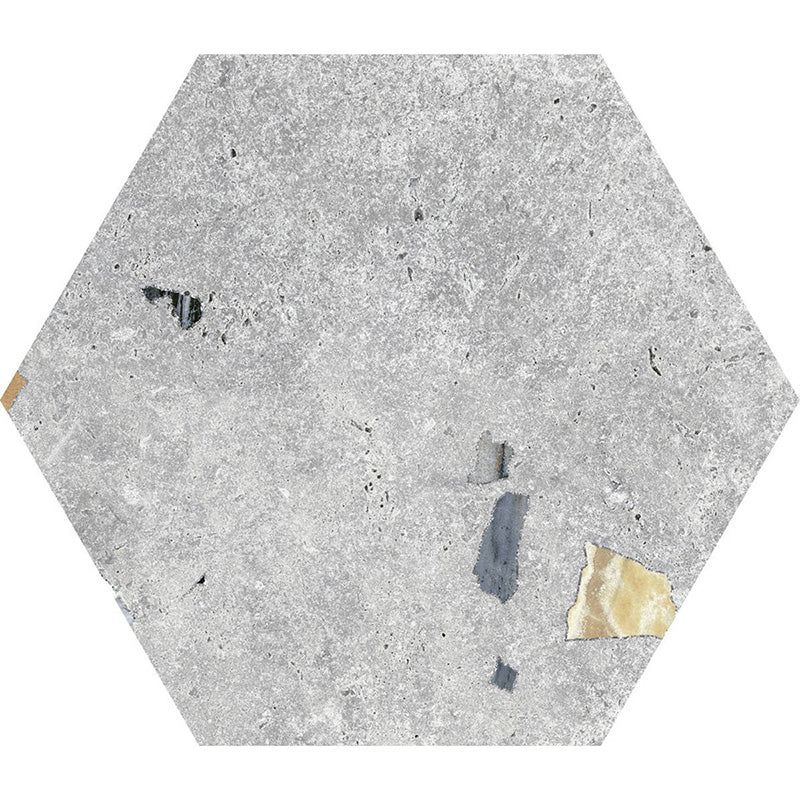 Flat lay of Jericho Silver Terrazzo Hexagon 25 × 22cm porcelain wall and floor tile, featuring a soft grey base with subtle multicoloured aggregate fragments, creating a refined terrazzo effect with gentle texture and understated movement.