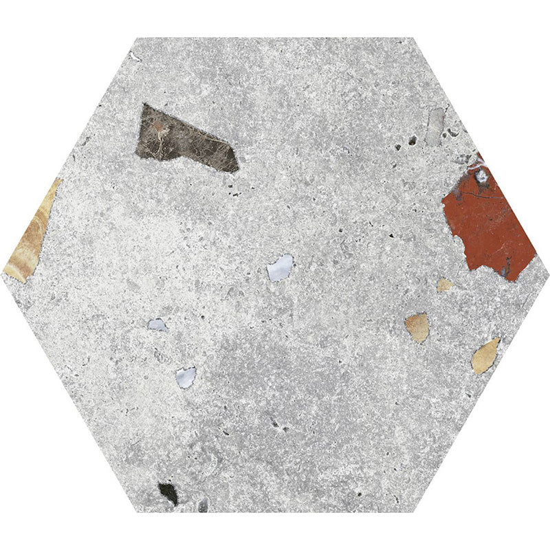 Flat lay of Jericho Silver Terrazzo Hexagon 25 × 22cm porcelain wall and floor tile, featuring a soft grey base with subtle multicoloured aggregate fragments, creating a refined terrazzo effect with gentle texture and understated movement.