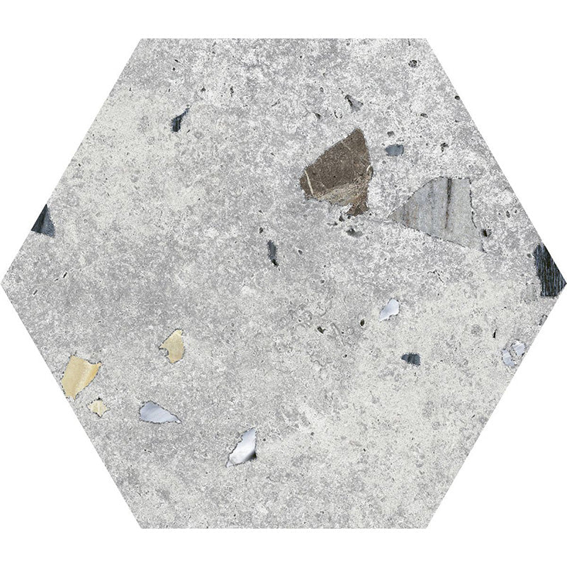 Flat lay of Jericho Silver Terrazzo Hexagon 25 × 22cm porcelain wall and floor tile, featuring a soft grey base with subtle multicoloured aggregate fragments, creating a refined terrazzo effect with gentle texture and understated movement.