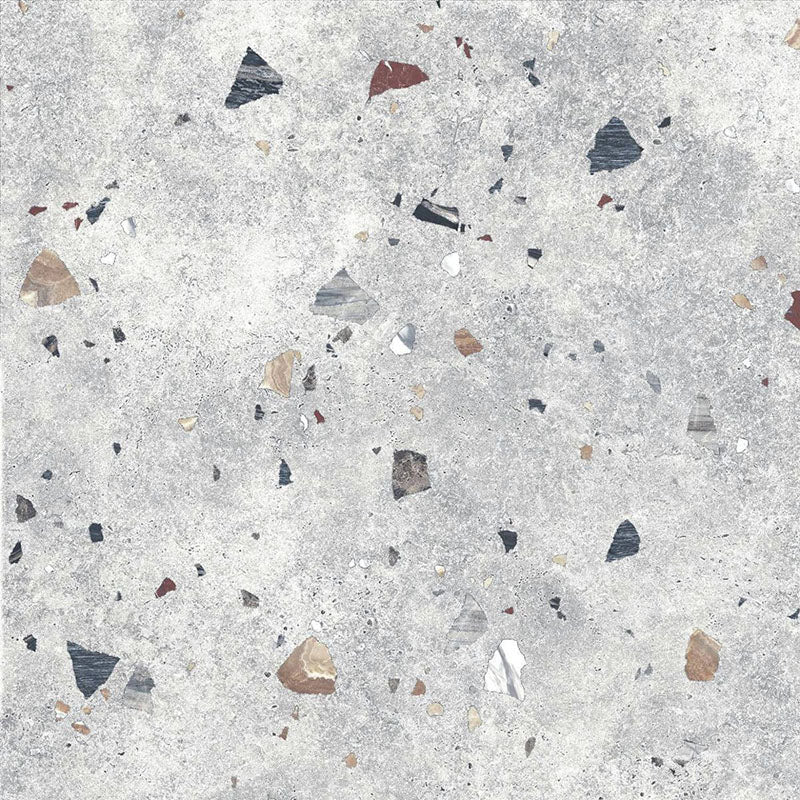 Flat lay of Jericho Silver Terrazzo 66 × 66cm porcelain wall and floor tile, featuring a soft grey base with scattered multicoloured aggregate chips in varied sizes, creating a balanced, contemporary terrazzo effect with subtle movement and texture.
