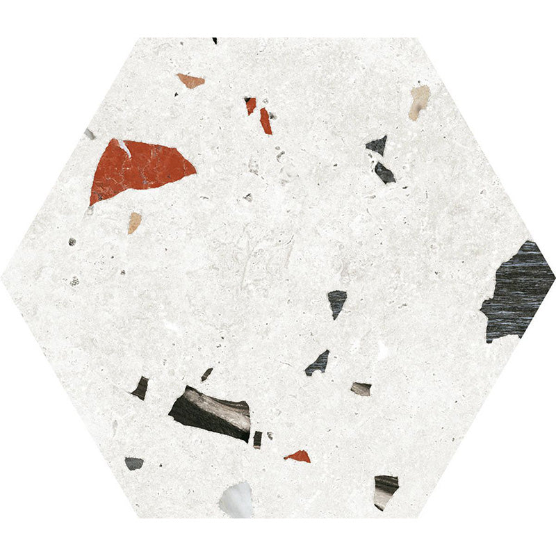 Flat lay of Jericho White Terrazzo Hexagon 25 × 22cm porcelain wall and floor tile, featuring a crisp white base with scattered multicoloured aggregate chips in varied sizes, creating a clean, contemporary terrazzo effect with subtle texture and movement.