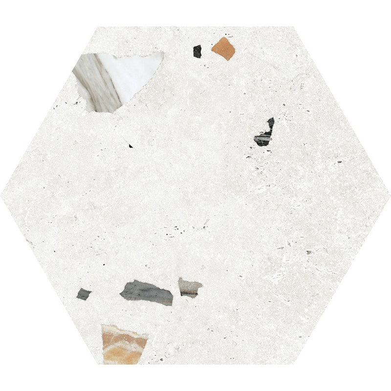 Flat lay of Jericho White Terrazzo Hexagon 25 × 22cm porcelain wall and floor tile, featuring a crisp white base with scattered multicoloured aggregate chips in varied sizes, creating a clean, contemporary terrazzo effect with subtle texture and movement.