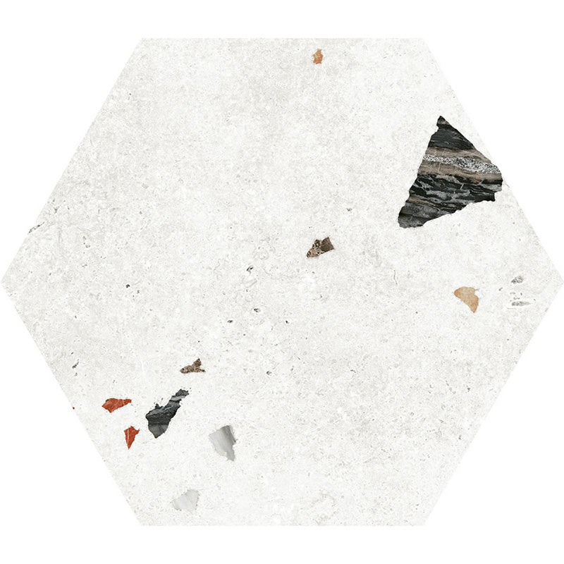 Flat lay of Jericho White Terrazzo Hexagon 25 × 22cm porcelain wall and floor tile, featuring a crisp white base with scattered multicoloured aggregate chips in varied sizes, creating a clean, contemporary terrazzo effect with subtle texture and movement.