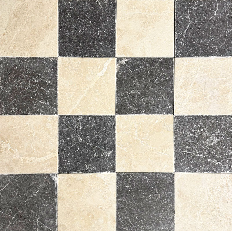 Chequerboard layout featuring Fayrouz Latte Foam 15.2x15.2cm natural marble tiles with a tumbled finish, paired with dark grey marble tiles, creating a bold, classic grid with strong contrast and natural veining.