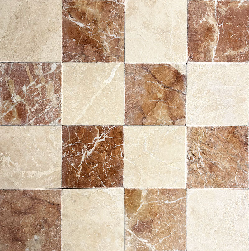Chequerboard layout featuring Fayrouz Latte Foam 15.2x15.2cm natural marble tiles with a tumbled finish, paired with Rosso marble tiles, creating a warm, tonal grid with rich veining and natural variation.