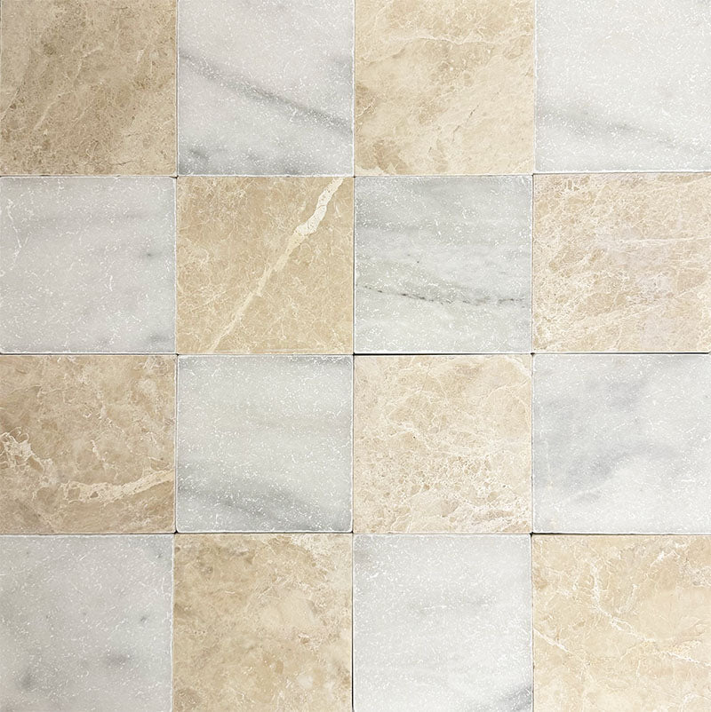 Chequerboard layout featuring Fayrouz Latte Foam 15.2x15.2cm natural marble tiles with a tumbled finish, paired with white marble tiles, creating a soft, tonal grid with subtle contrast and natural veining.