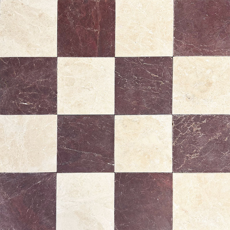 Chequerboard layout featuring Fayrouz Latte Foam 15.2x15.2cm natural marble tiles with a tumbled finish, paired with Burgundy Red marble tiles, forming a classic square grid with soft contrast and natural variation.