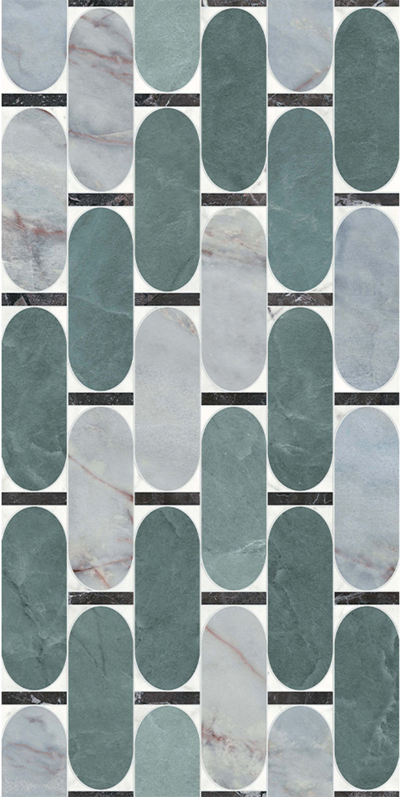 Lucca Abacus 3D Décor 60 × 120cm porcelain wall and floor tile, showcasing an elongated geometric pattern in soft green, grey, and marble-effect tones with a bold decorative finish.