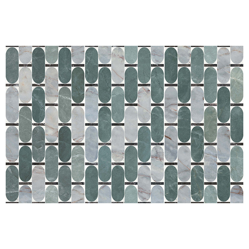 Flat lay of Lucca Abacus 3D Décor 60 × 120cm porcelain wall and floor tiles, featuring an elongated geometric pattern in soft green, grey, and marble-effect tones with a bold decorative finish.
