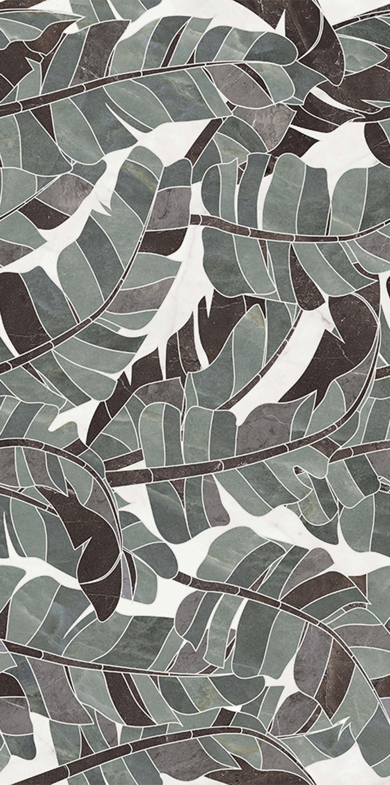 Lucca Bali 3D Décor 60 × 120cm porcelain wall and floor tile, showcasing layered tropical leaf patterns in soft green, grey, and charcoal tones with a bold decorative finish.