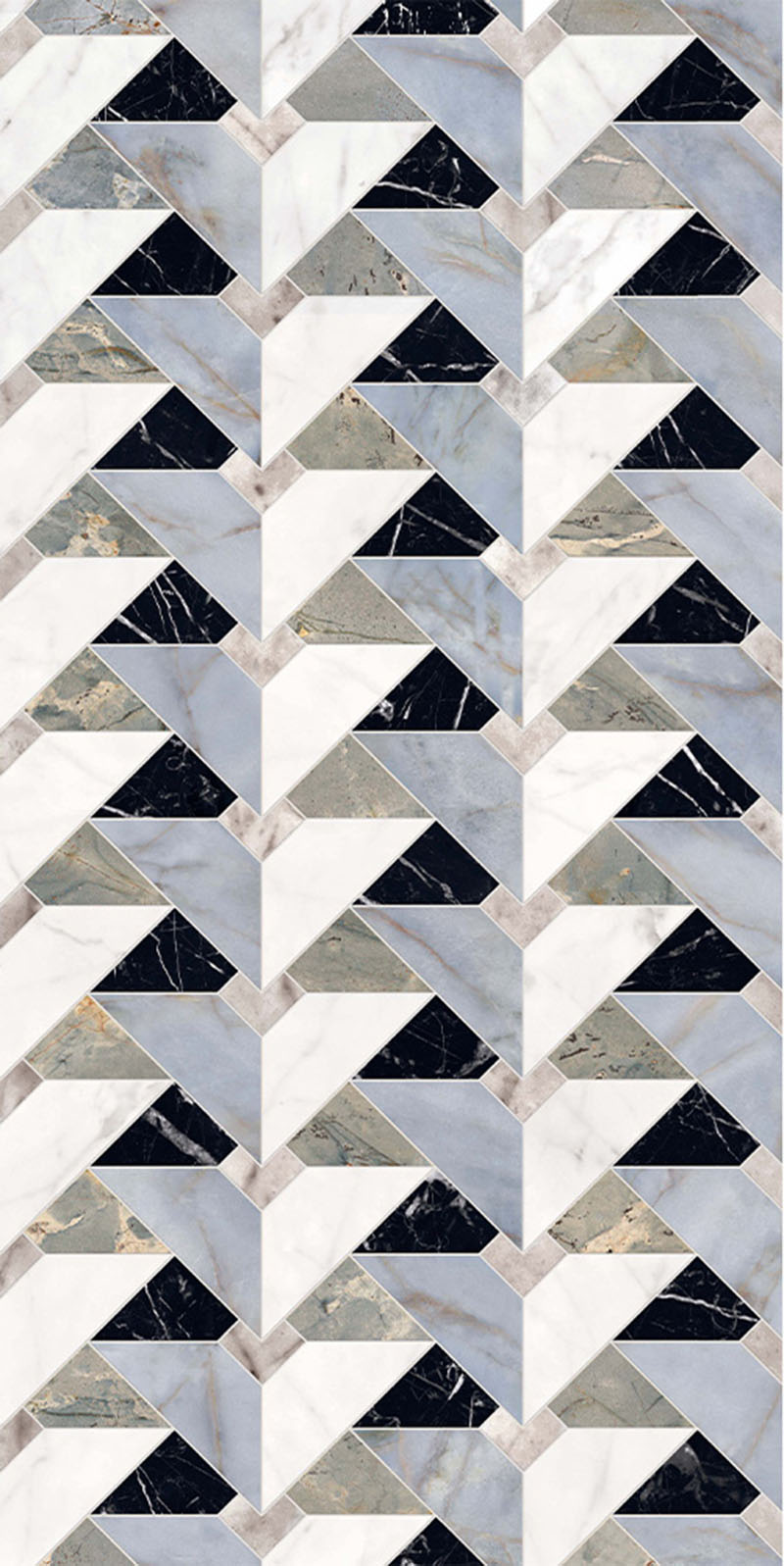Close-up of Lucca Diamond Tips 3D Décor 60 × 120cm porcelain wall and floor tiles, featuring a geometric chevron-inspired pattern with marble-effect detailing in white, soft blue-grey, sage, and deep black tones with subtle veining throughout.