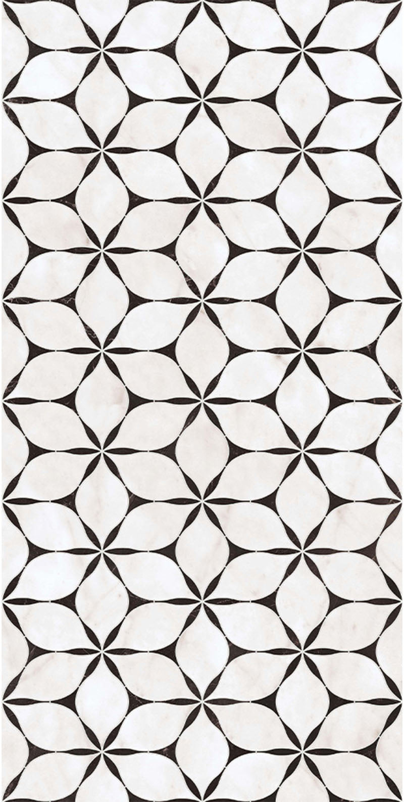 Close-up of Lucca Flowers 3D Décor 60 × 120cm porcelain wall and floor tiles, featuring a repeating floral geometric pattern in soft white tones with contrasting dark detailing and subtle marble-effect variation.