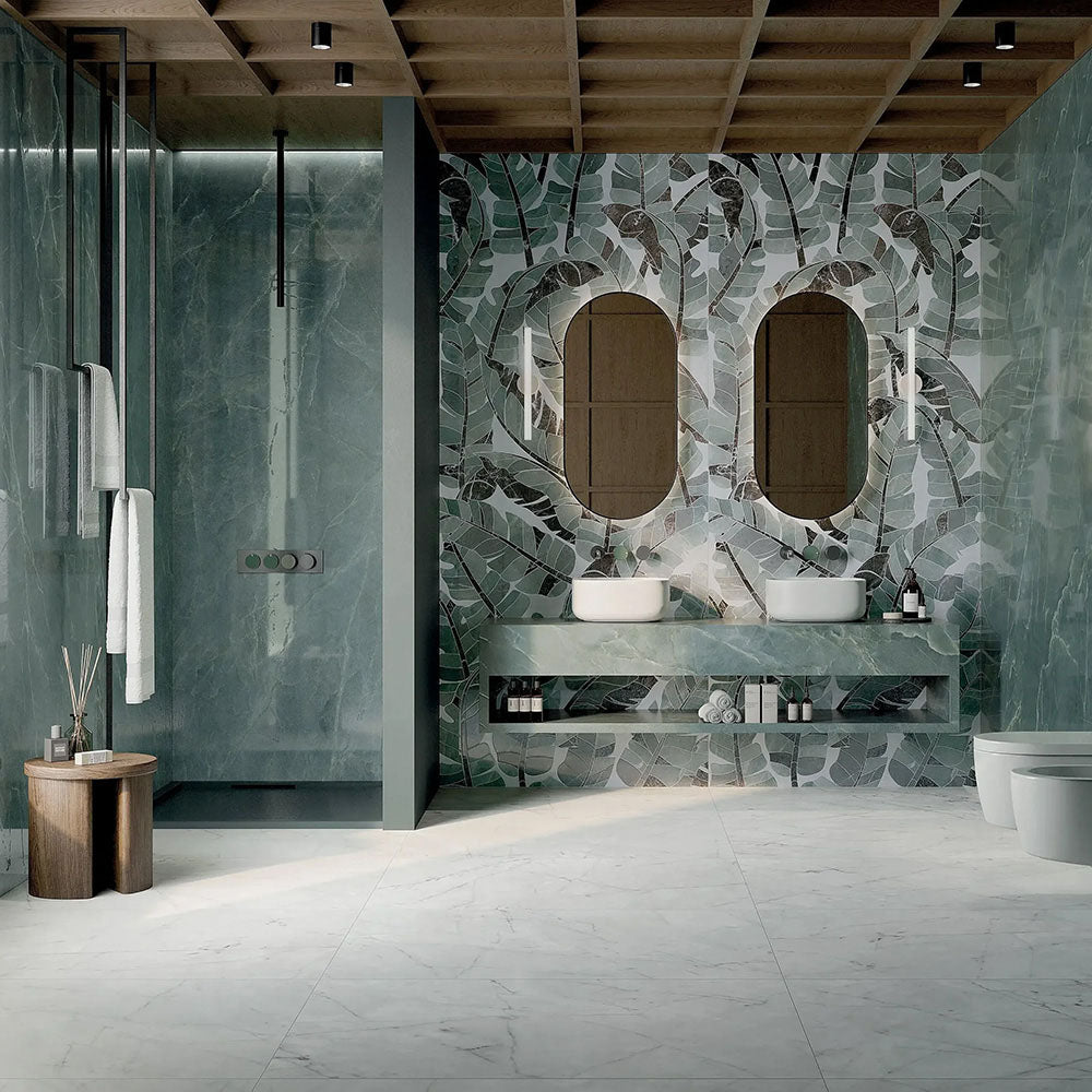 Luxury bathroom featuring Lucca Ocean Green Lux 3D 60 × 120cm porcelain wall tiles, styled with rich green marble-effect tones, tropical feature walls, warm wood details, and contemporary spa-inspired interiors.