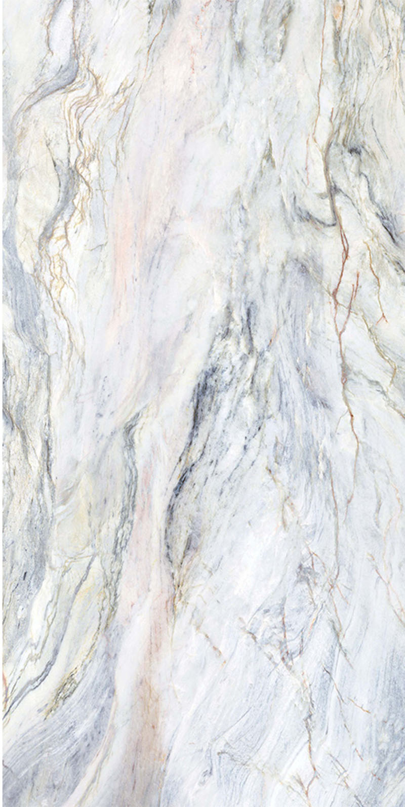 Flat lay of Lucca Quartz Lux 3D 60 × 120cm porcelain wall and floor tile, showcasing flowing marble-effect veining in soft cream, grey, and blue tones with a luxurious polished stone-inspired appearance.