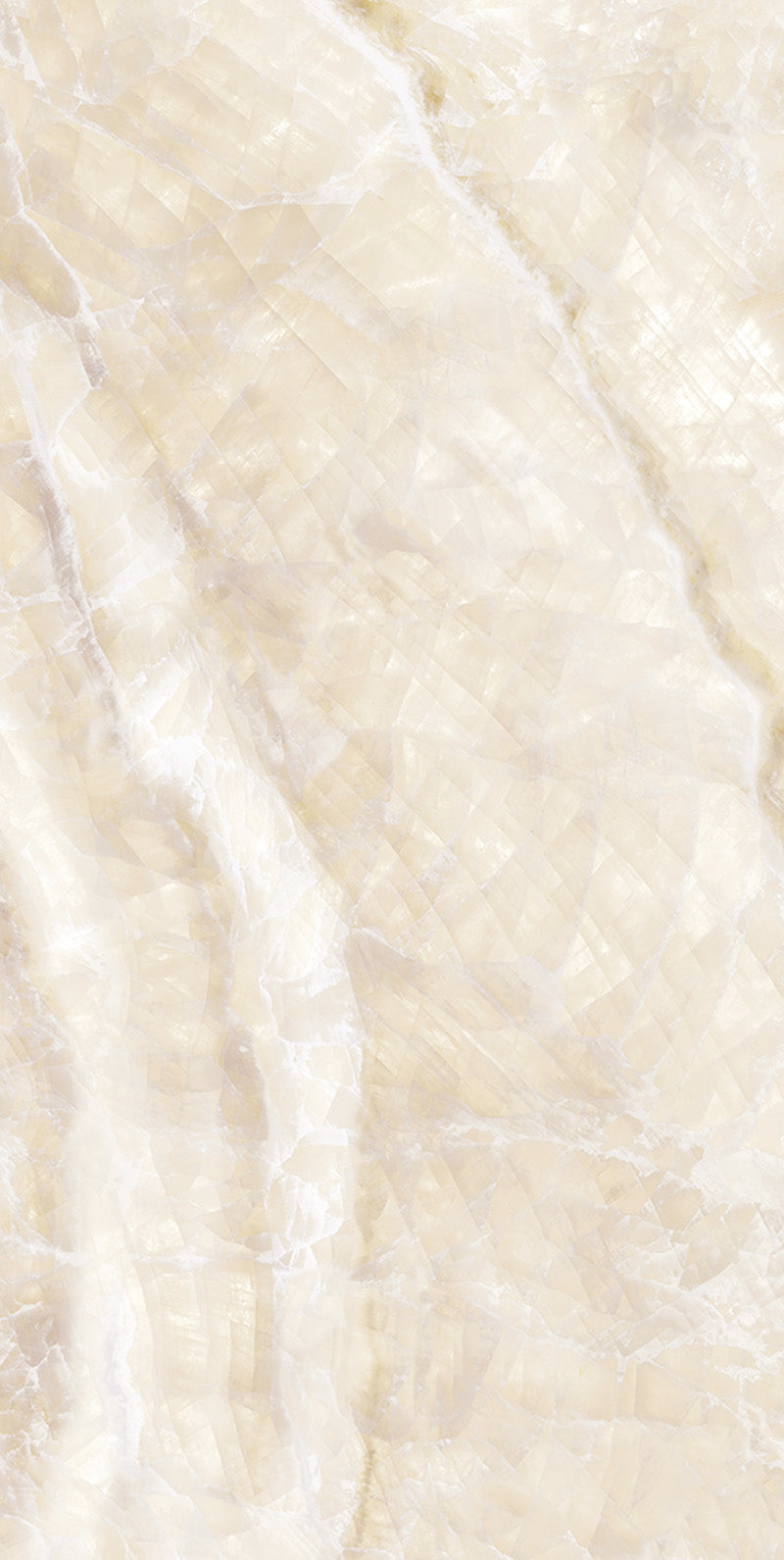 Flat lay of Lumen Precious Stone Ivory 60 × 120cm polished porcelain tiles, showcasing warm ivory and cream gemstone-inspired tones with layered crystalline detailing, soft translucent movement, delicate natural veining, and a reflective high-gloss finish for a luxurious statement surface.