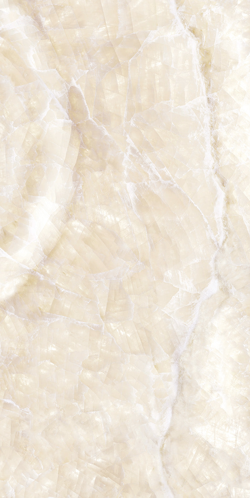 Flat lay of Lumen Precious Stone Ivory 60 × 120cm polished porcelain tiles, showcasing warm ivory and cream gemstone-inspired tones with layered crystalline detailing, soft translucent movement, delicate natural veining, and a reflective high-gloss finish for a luxurious statement surface.