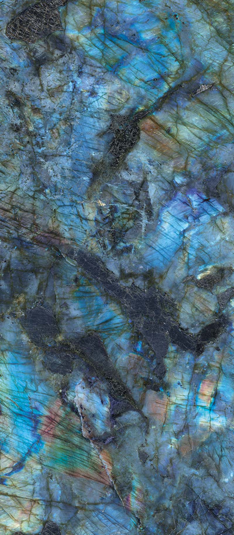 Single tile display of Lumen Precious Stone Labradorite 60 × 120cm polished porcelain tiles, featuring striking blue, teal, and charcoal gemstone-inspired tones with iridescent detailing, layered natural variation, and a luxurious high-gloss finish.