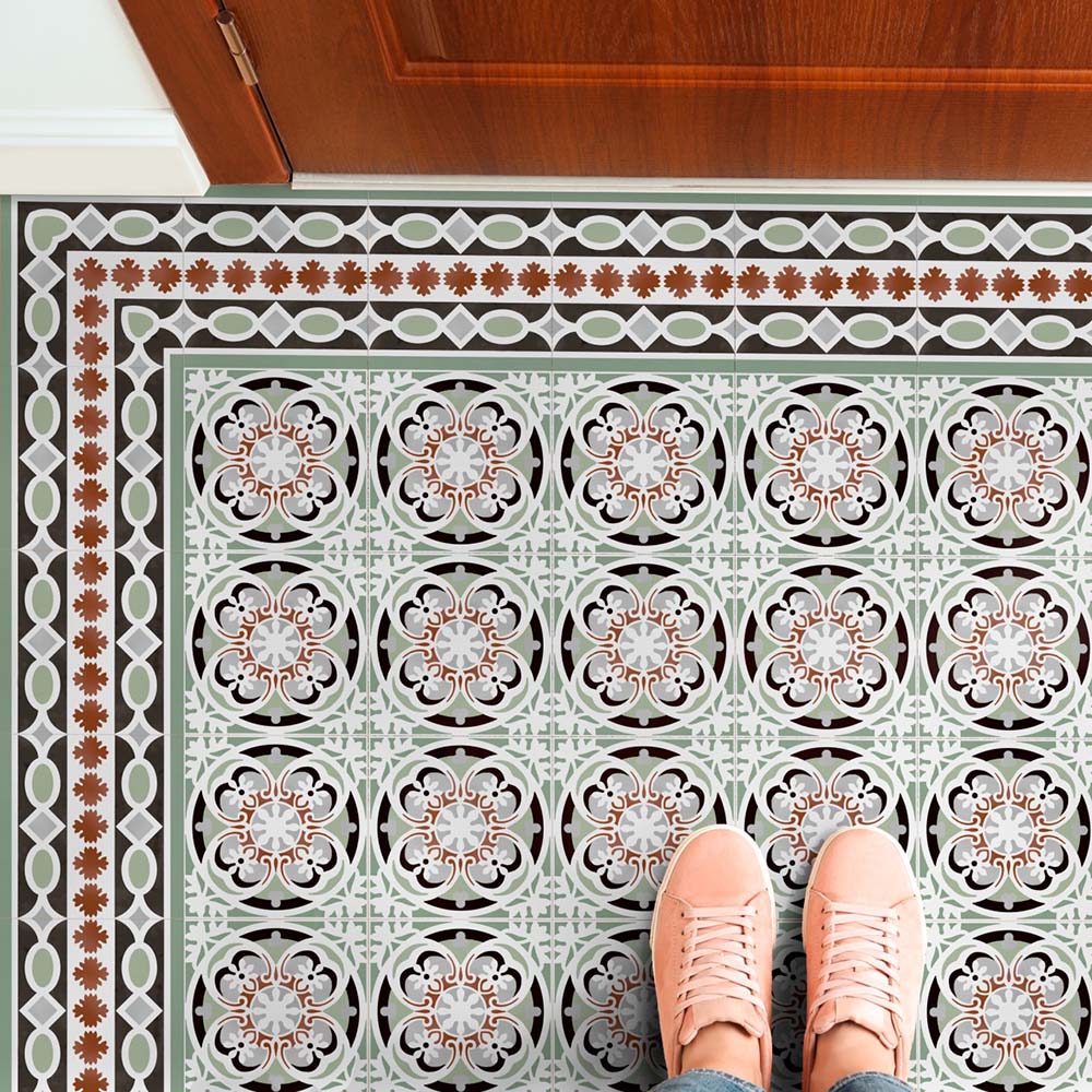 Hallway floor featuring Imperial Victorian Green Mini Border Tiles, 15x15cm porcelain tiles used to frame matching patterned floor tiles, creating a classic Victorian-inspired entrance design.
