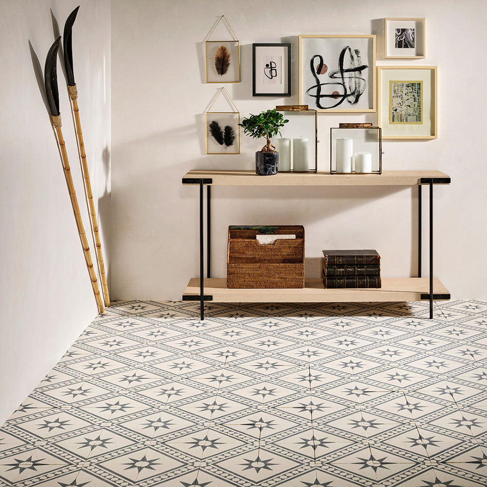 Gilgamesh Blanco Vintage White Moroccan style 20x20cm patterned tiles, used as a floor installation to create a subtle white and grey geometric feature in a living space.