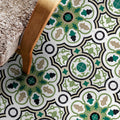 Interior floor setting featuring London Streets Bond Street 20x20cm Victorian Moroccan style floor tiles, styled beside a wooden chair with textured upholstery, showcasing a decorative geometric pattern in green, black and cream tones.